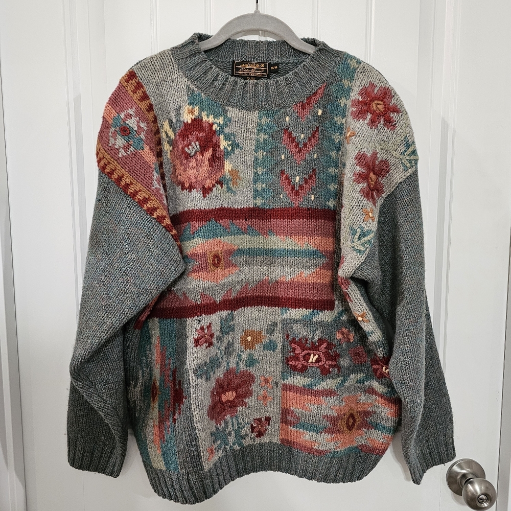 Vintage 1992 Eddie Bauer 100% Laine Wool Floral Knit Sweater Medium